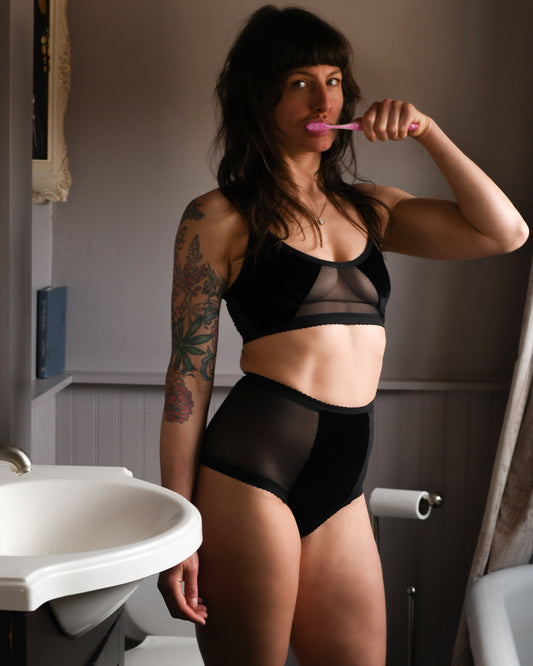 Black velour & mesh cheeky high rise underwear