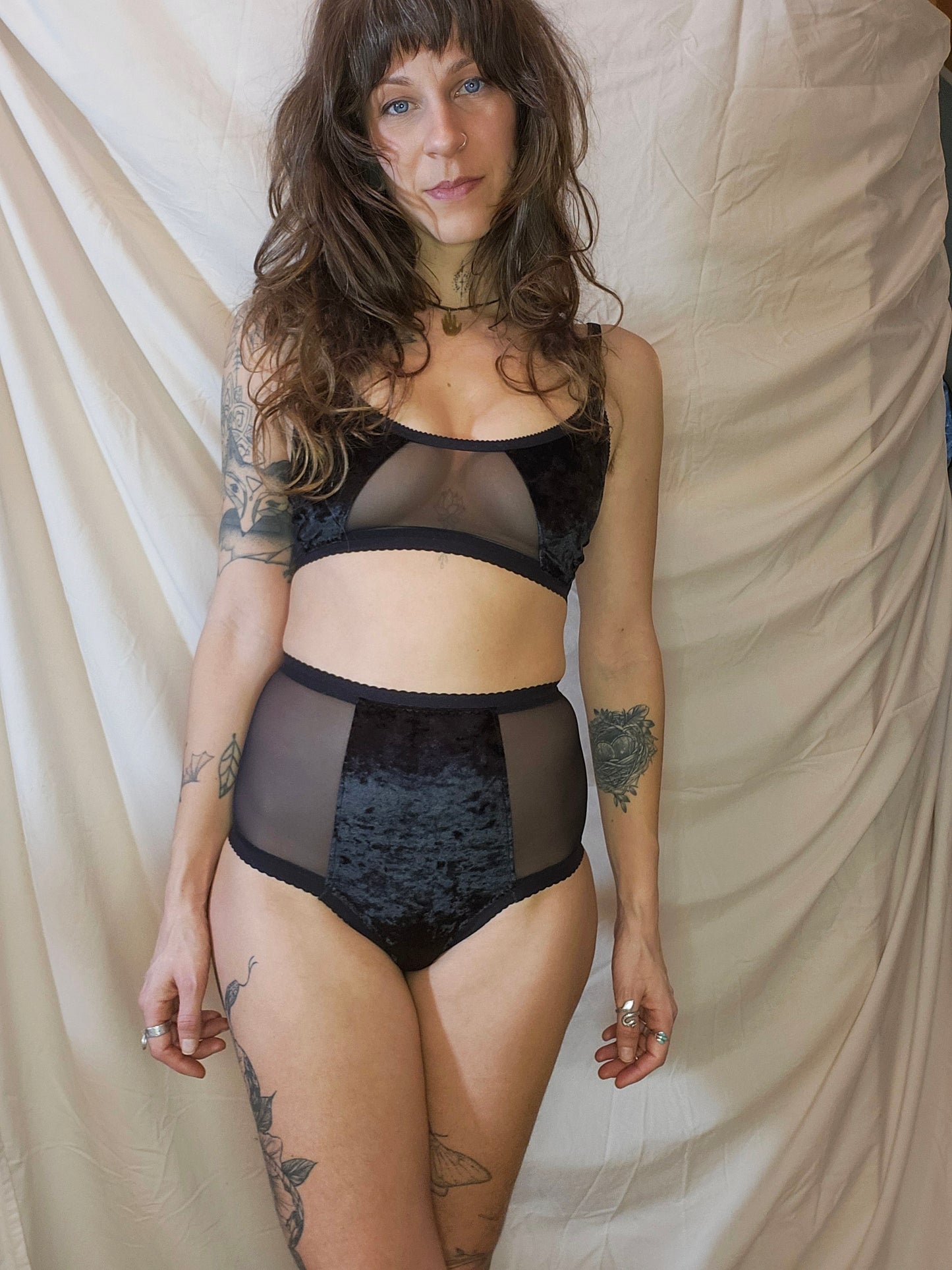 Black velour & mesh cheeky high rise underwear