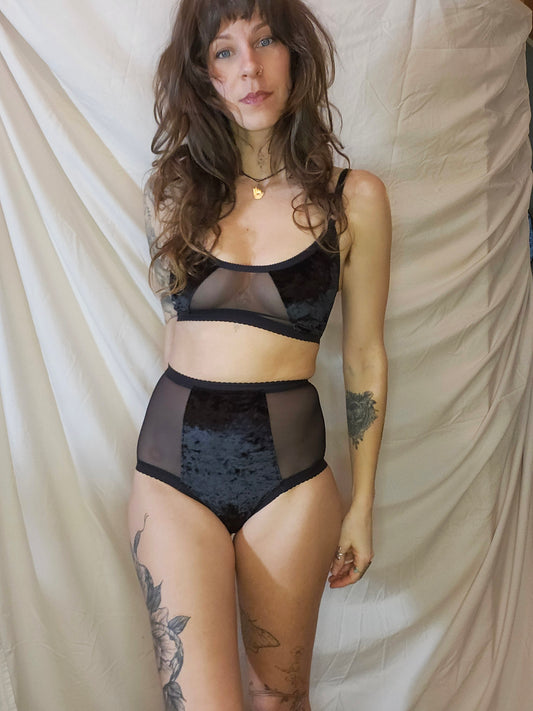 Black velour & mesh bralette